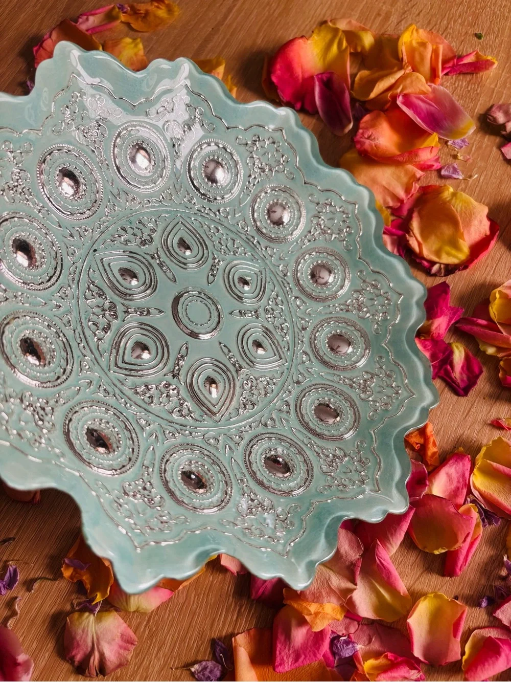 Mandala Style Glass celebration Bowl Boho ocean blue seafoam & Gold